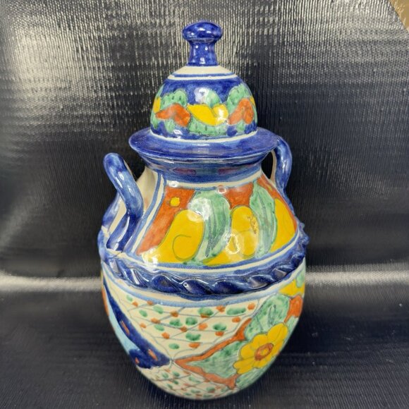 Hand Made Mexican Pottery Talavera Large Jug Container Cookie Jar W Lid Vintage - Picture 14 of 15